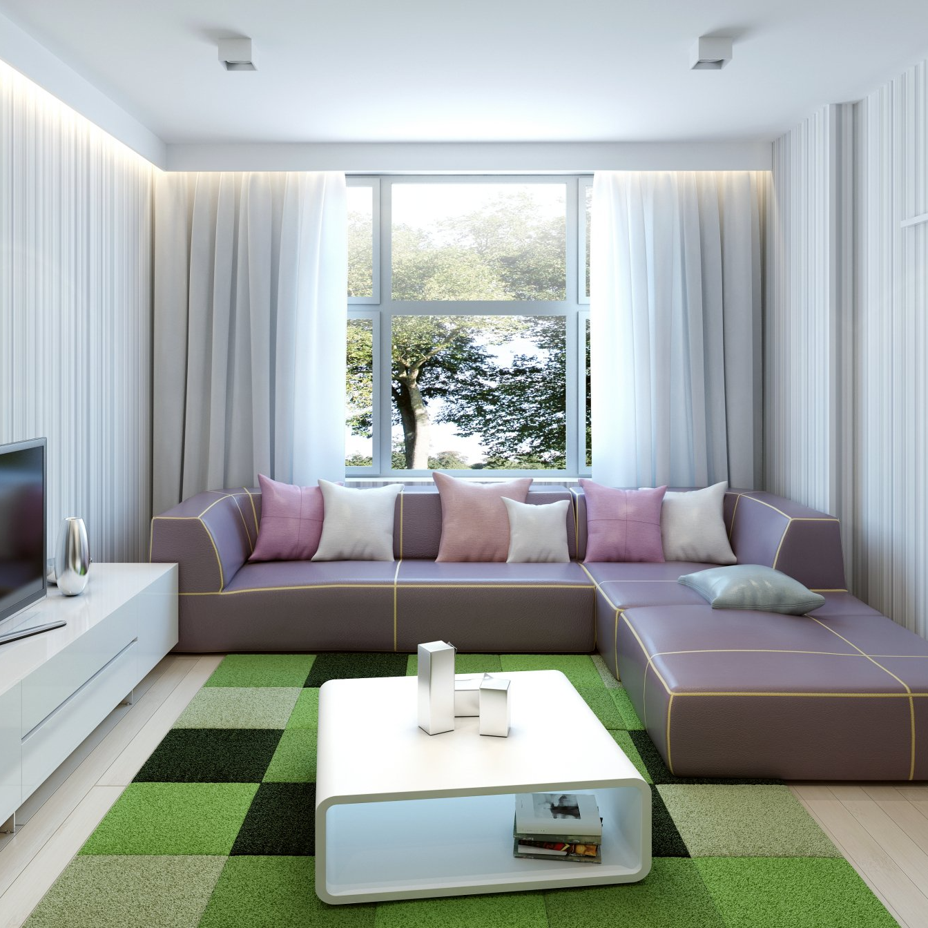 Loungre room with white modern coffee table and tv cabinet on top of green checked rung. Light purple couch full of cushions, behind white blinds pulled half way open for outside view.