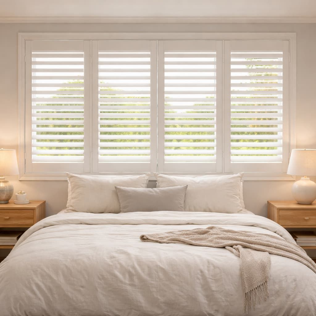 Plantation shutters installed in a Townsville bedroom