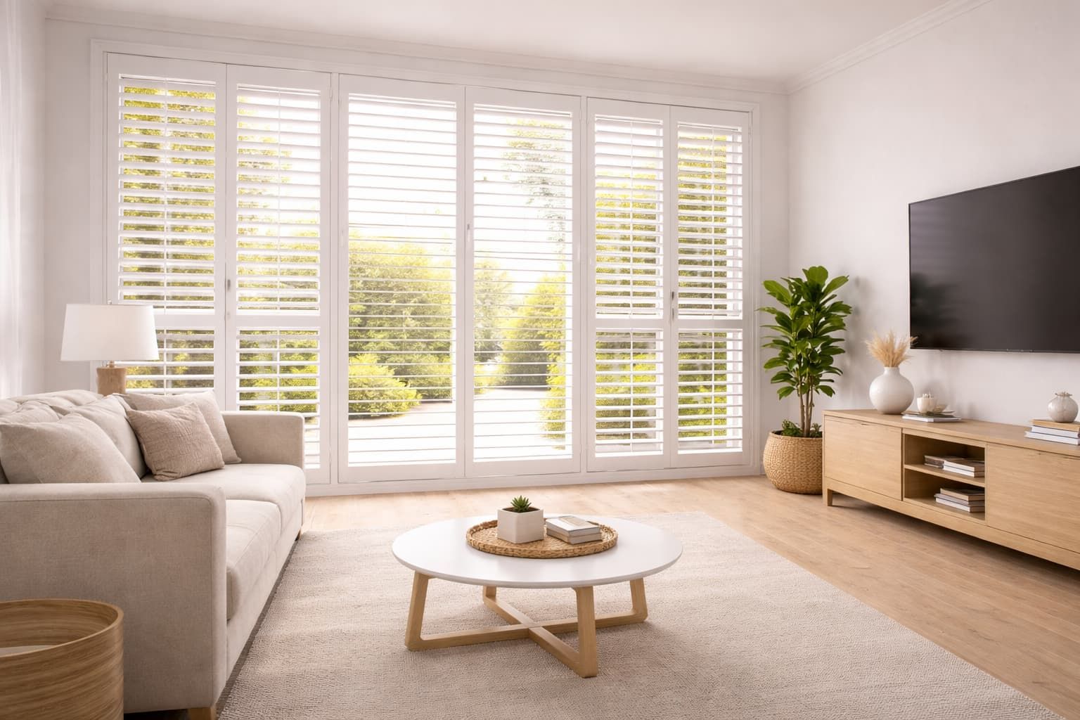 White plantation shutters installed in a Townsville living room
