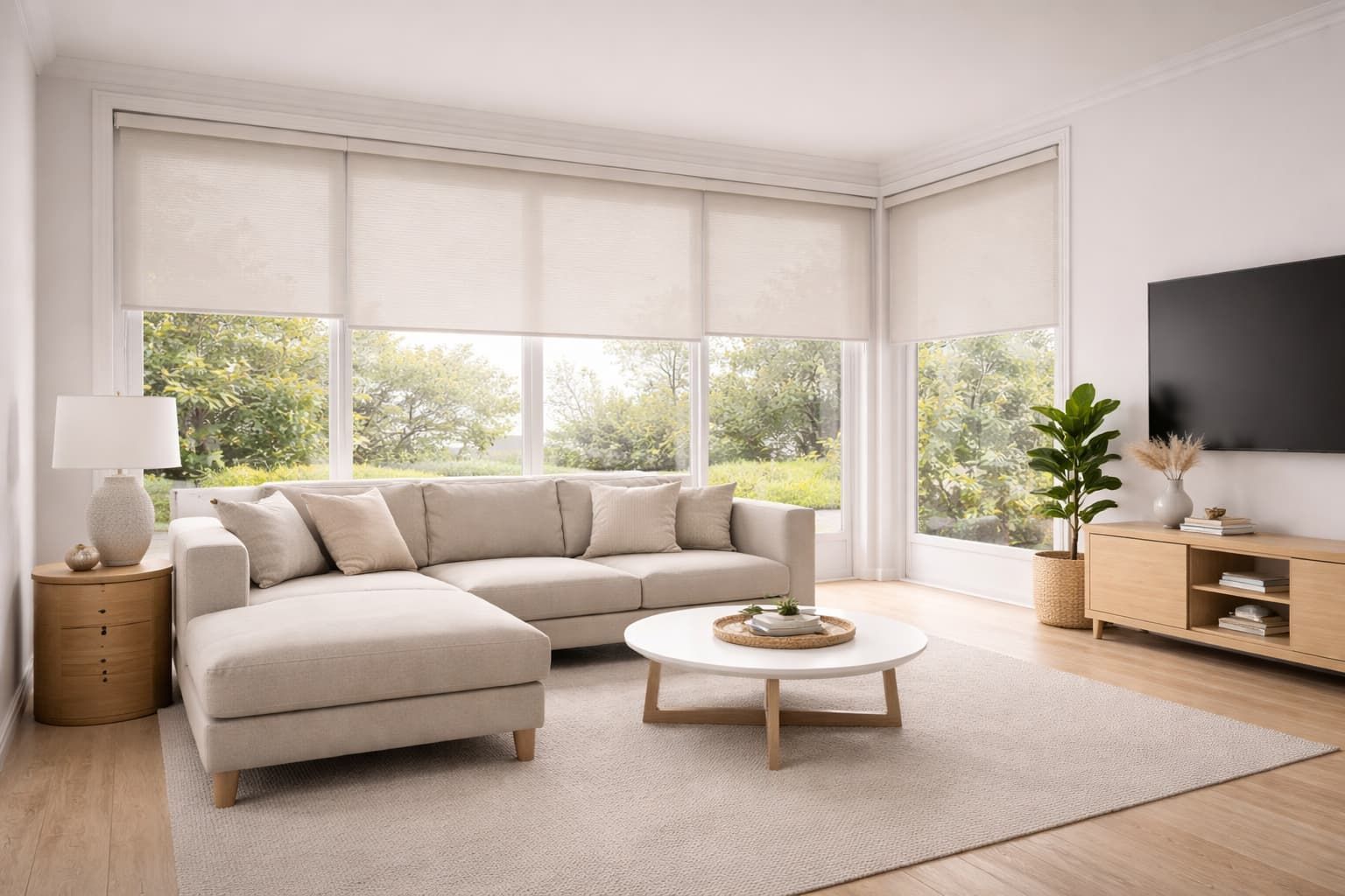 Roller blinds installed on a large corner window in a Townsville living room