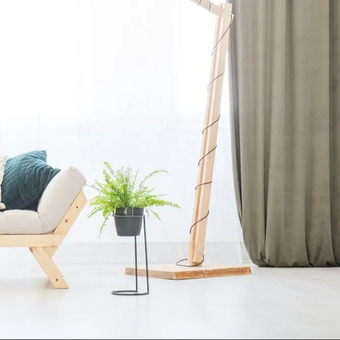 Sun-filled lounge with green plant in front of timber couch with emerald green cushion. Timber lampstand, in front of earthy curtains and white sheers.