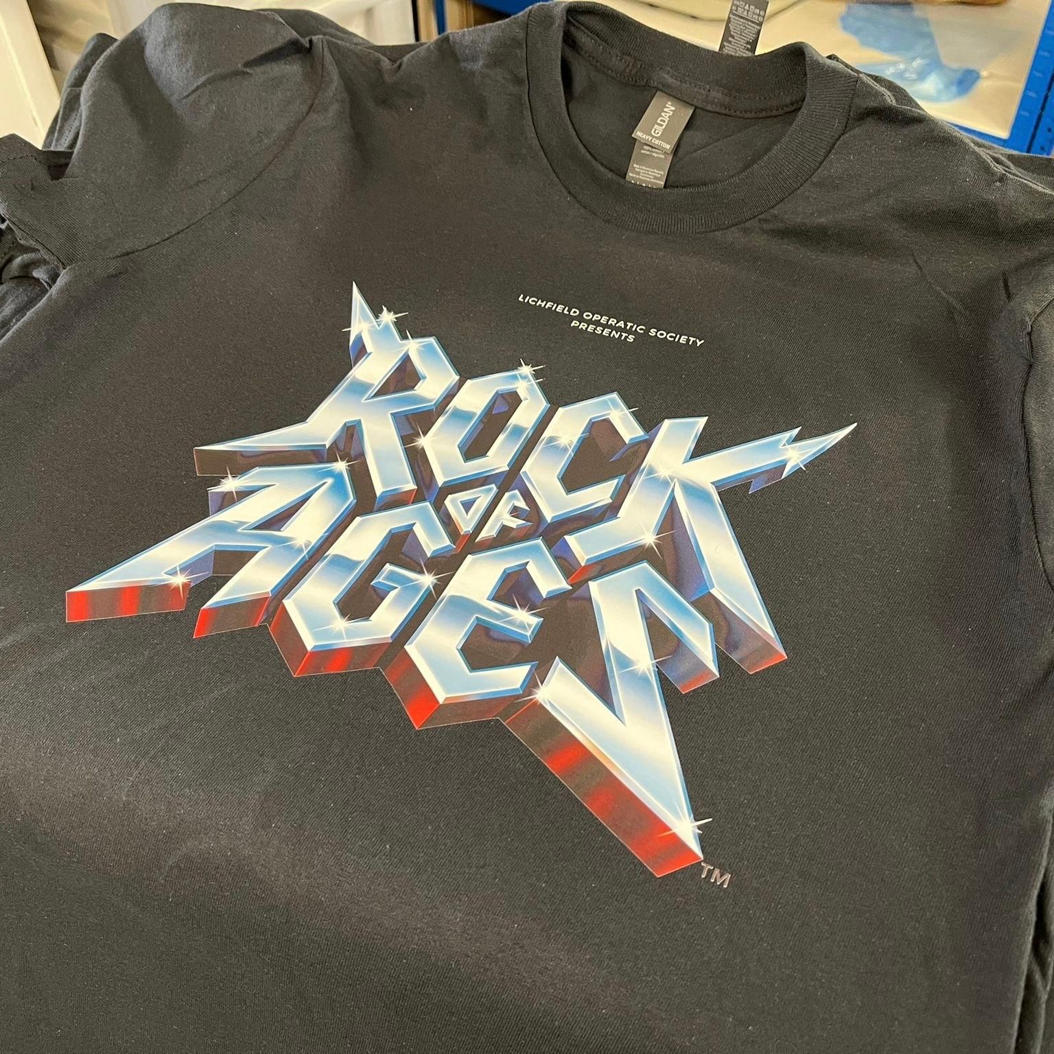 WhiteLodge Black t-shirt with a blue, silver, and red