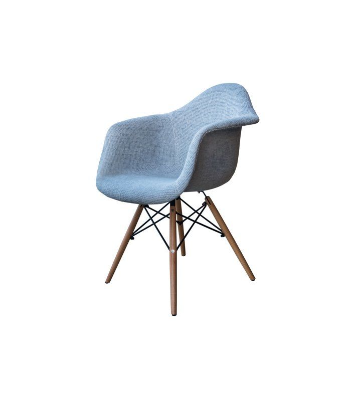 Light blue fabric armchair with wooden legs, isolated on white background.