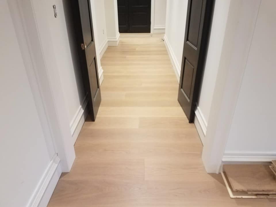 A hallway with light wood flooring, white walls, and two dark wooden doors.