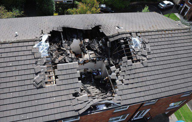An aerial view of a roof with a hole in it