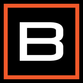 Une lettre B majuscule blanche et grasse, centrée dans un carré noir et entourée d'une bordure orange.