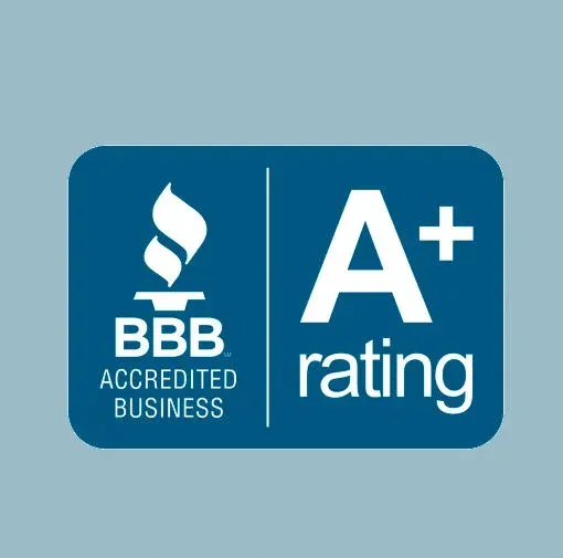 BBB Accredited Business logo with a blue background and an A+ rating.