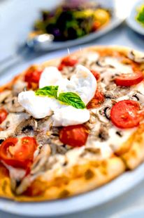 A pizza with mozzarella , tomatoes , mushrooms and basil on a white plate.