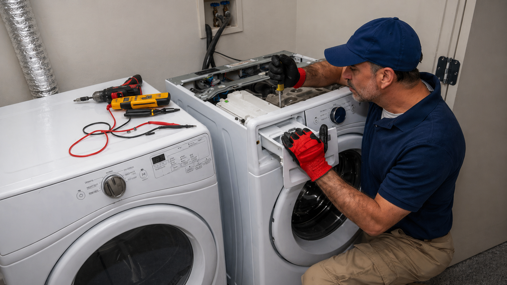 Technician repairing a washer next to a dryer, with tools on top of the machines.