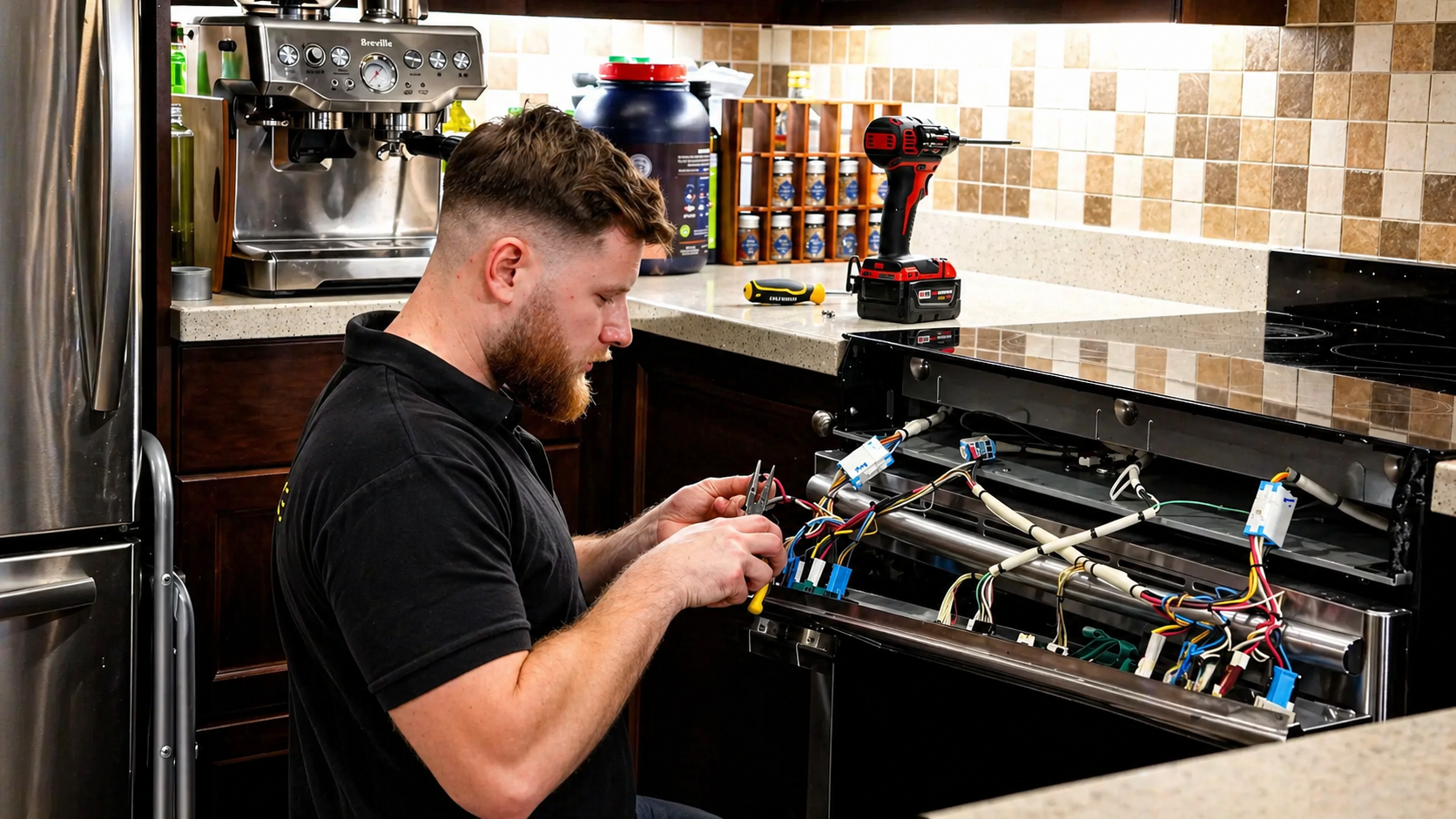Barista working on an espresso machine in a kitchen, with coffee equipment and tiled backsplash.