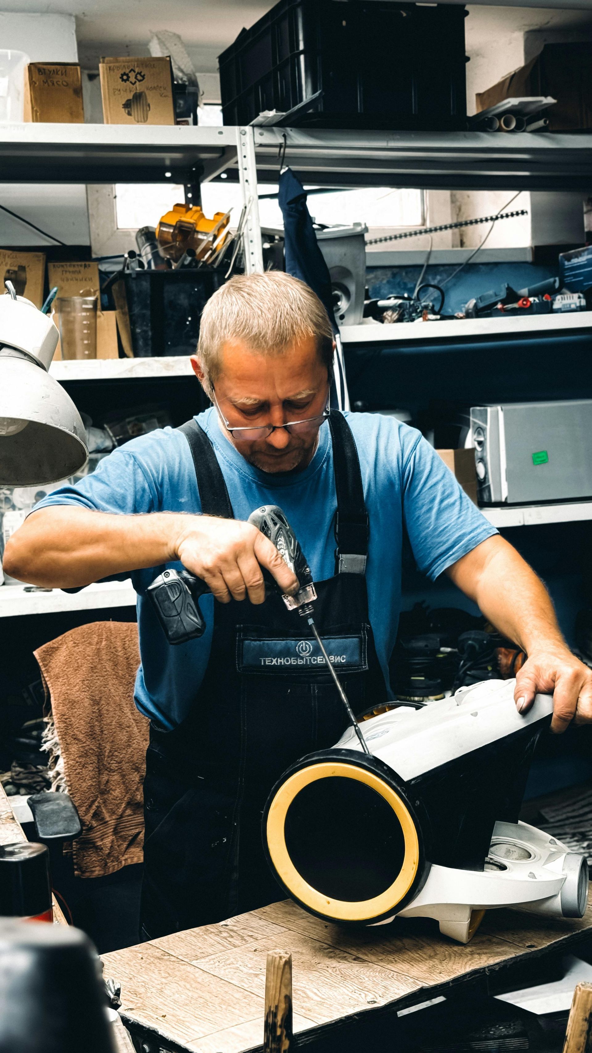 Person using a tool to work on a large black-and-gold cylindrical object in a workshop