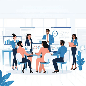 Business meeting in an office; group of people around a table looking at computer screens with graphs and charts.
