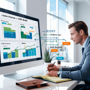 Man in suit analyzes sales data on a computer with diagrams, taking notes in an office.