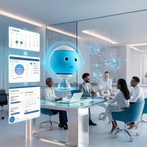 A futuristic office with a blue robot assistant hovering over a meeting table with people working on laptops.