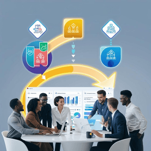 Team collaborating around a table, dashboards above, with workflow diagram of business processes.