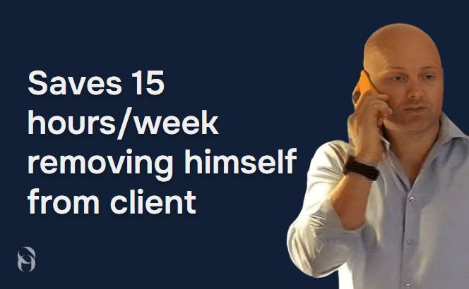 Man on phone, blue background with text: