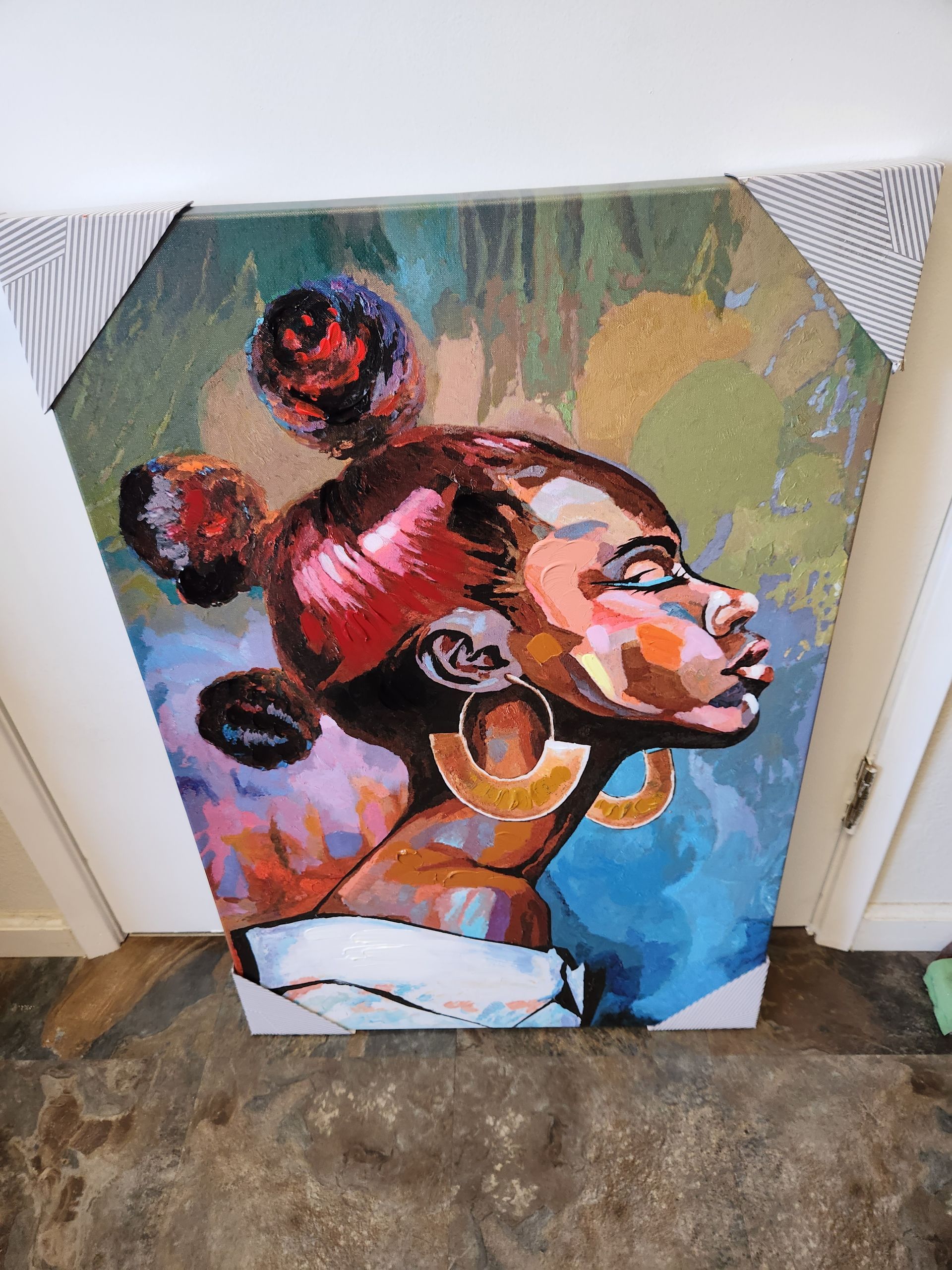 It is a painting of a woman with earrings on her head.