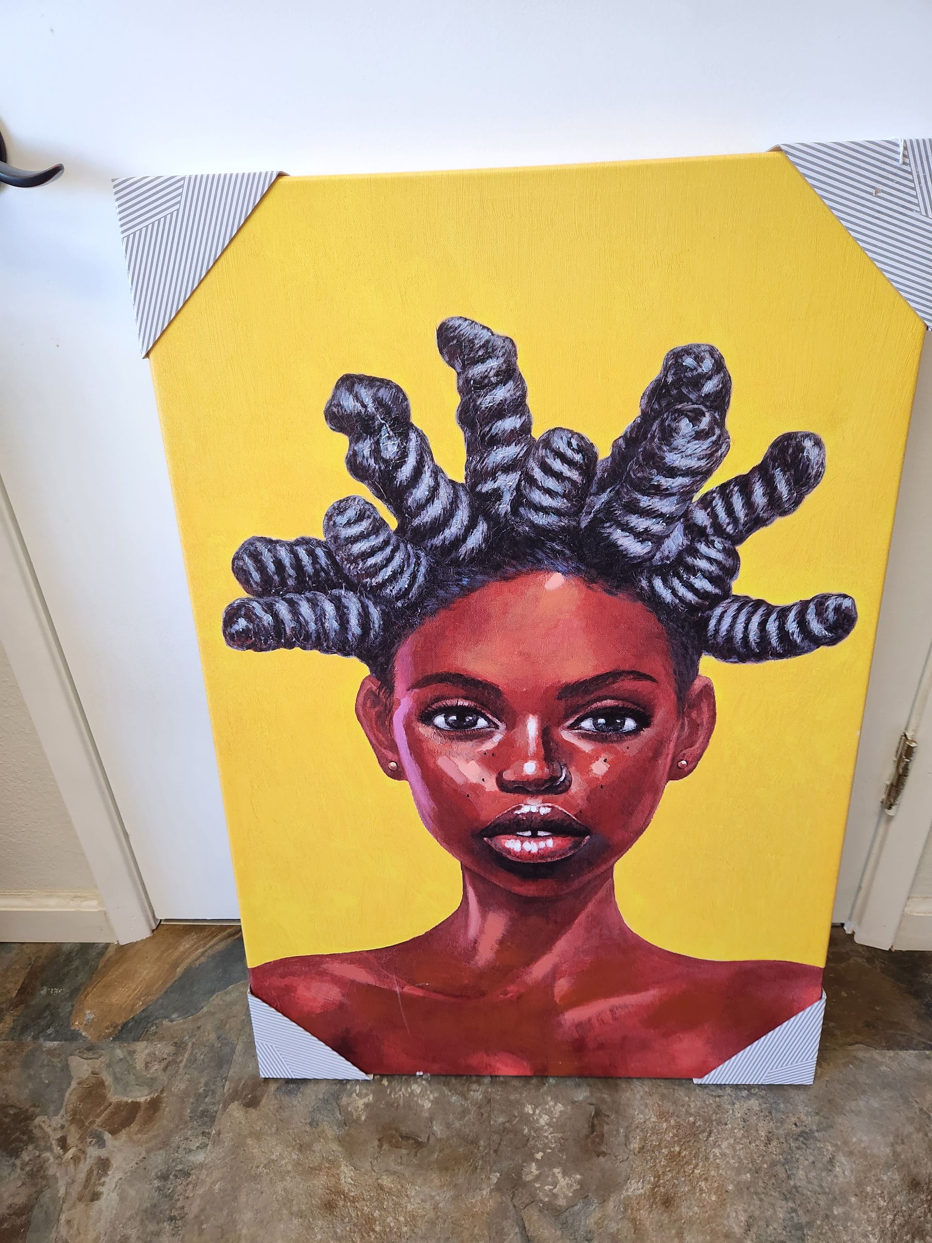 A painting of a woman with dreadlocks on a yellow background