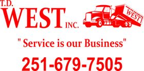 Red logo for T.D. West Inc. features a truck and tagline, "Service is our Business". Includes a phone number.