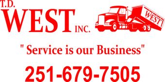 Red logo for T.D. West Inc. features a truck and tagline, "Service is our Business". Includes a phone number.