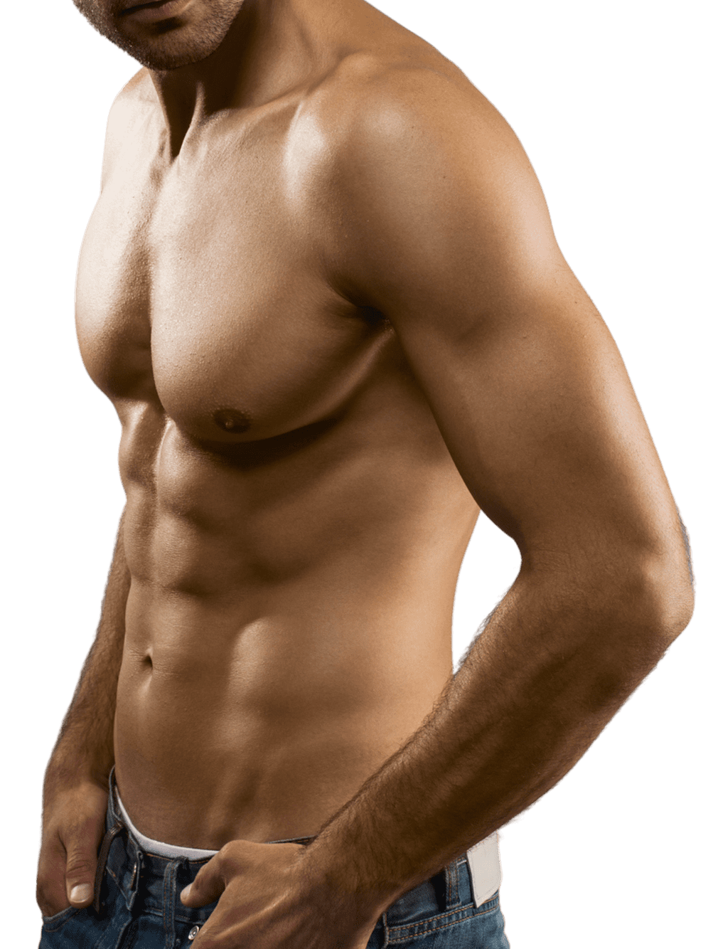 A shirtless man is standing with his hands on his hips