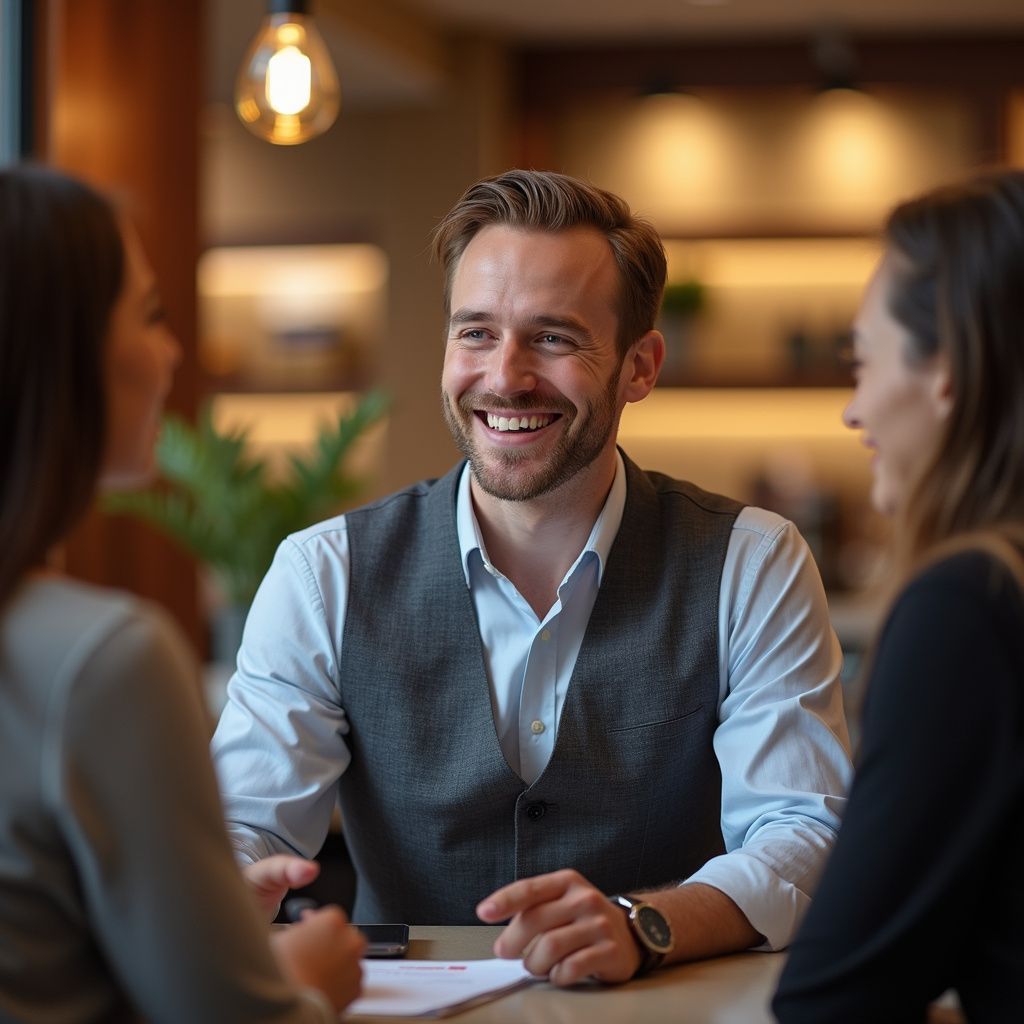 A man in a vest smiles while conversing with two women at a table in a well-lit cafe.