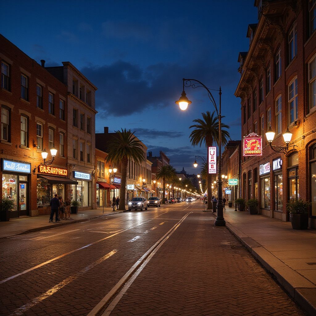 Cobblestone street lined with shops and palm trees under a dark blue dusk sky.