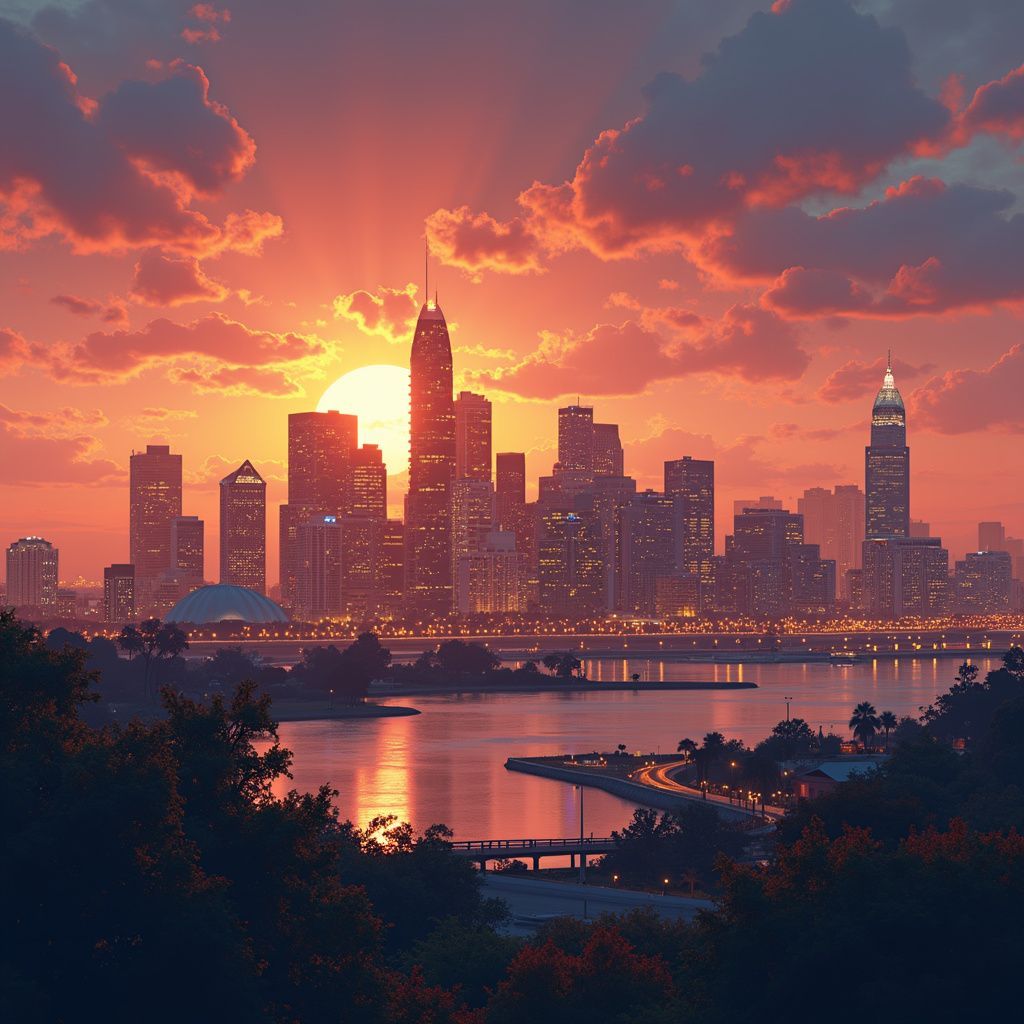 Sunset over a city skyline with water in the foreground, fiery orange sky, silhouetted buildings.