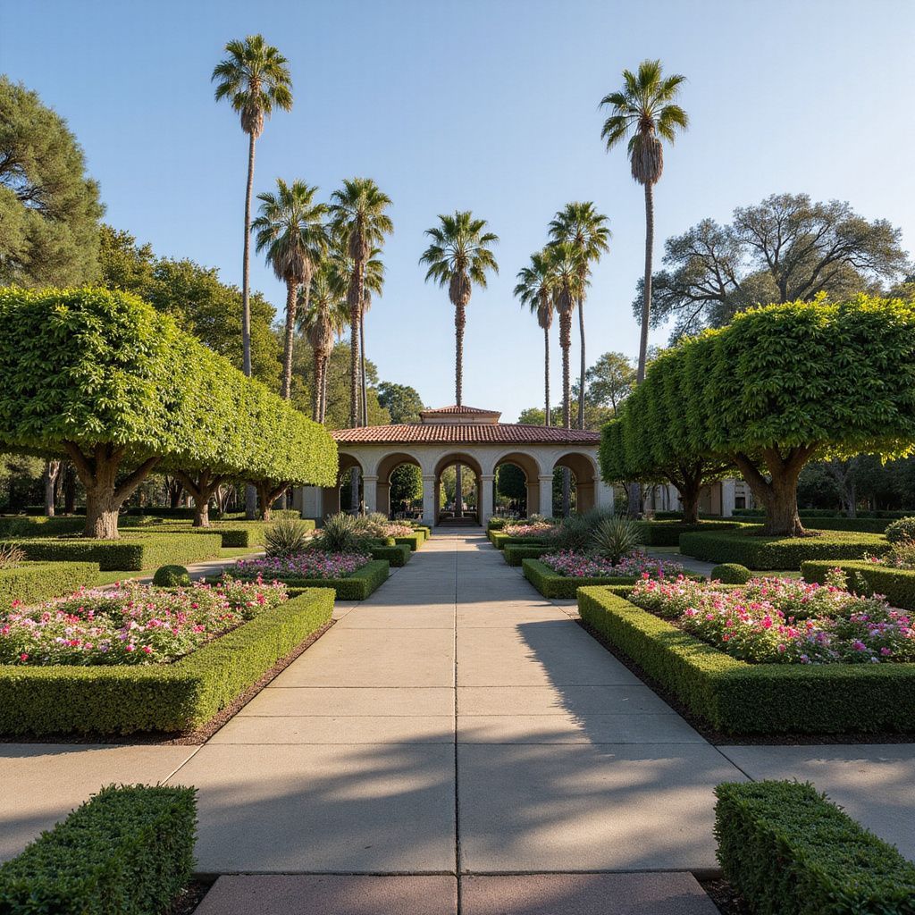 Formal garden with walkway, flower beds, trimmed hedges, arched structure, and palm trees under a blue sky.