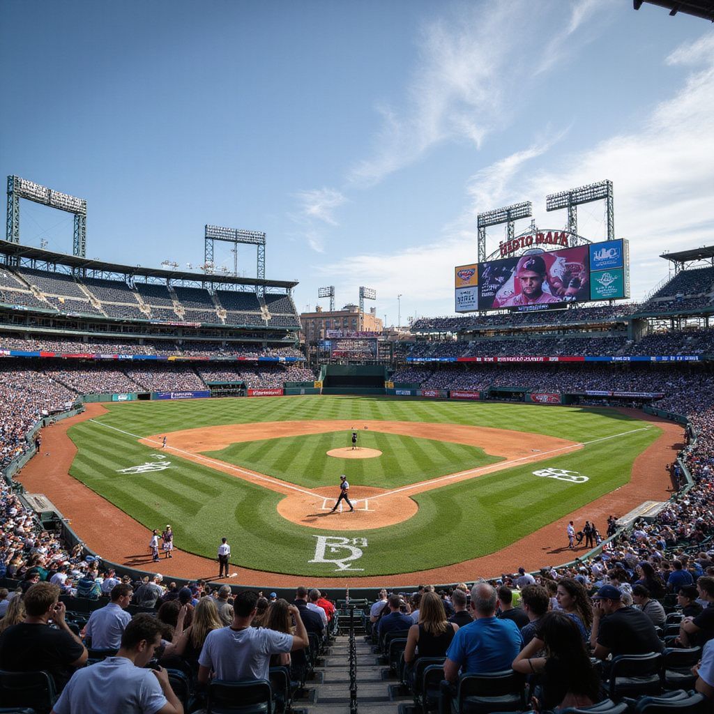 Baseball game at Citi Field; batter swings at a pitch. Crowds fill the stands on a sunny day.