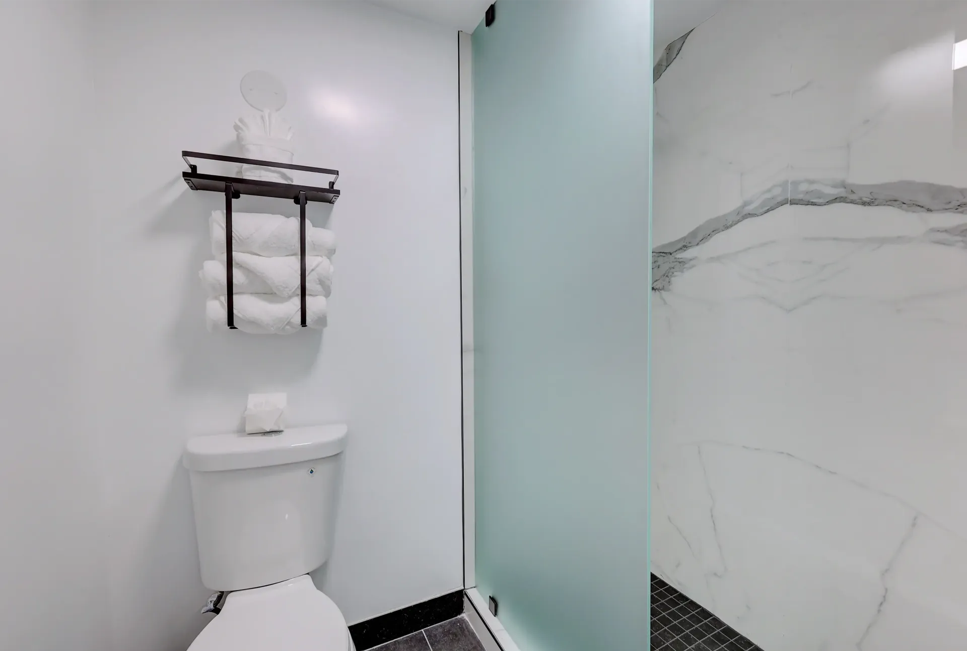 White bathroom with a toilet, towel rack, and a glass shower door.