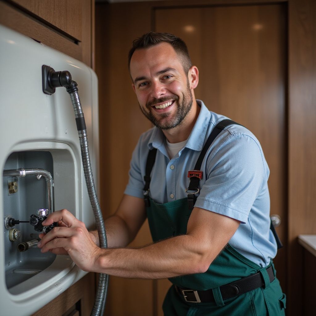 Smiling plumber in green overalls, working on plumbing inside a RV.