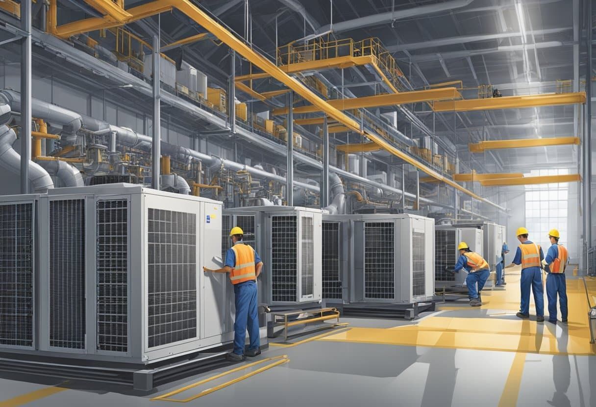 A group of construction workers are working in a factory.