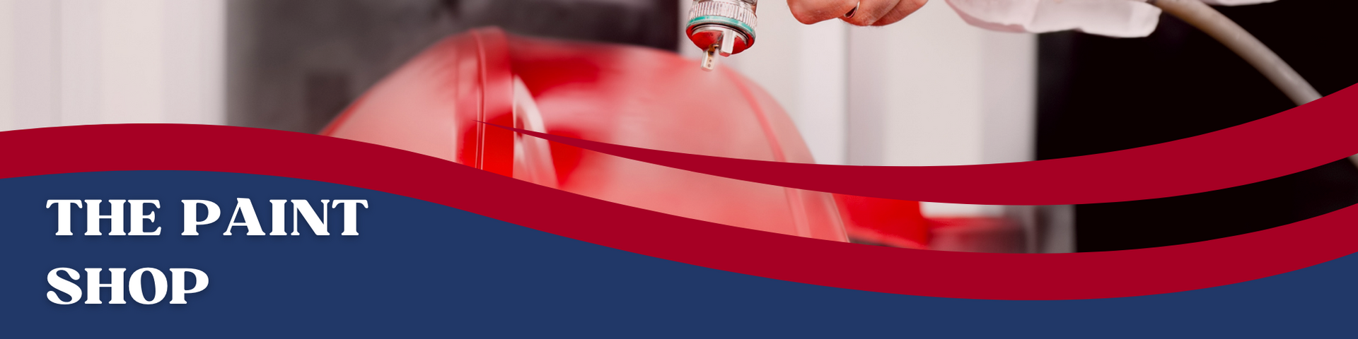 A spray gun applying red paint to a surface, with a dark blue banner overlay reading 