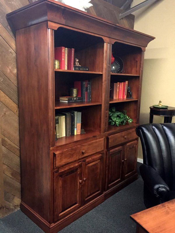 medium wood hutch with drawers and book shelves