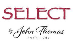 the logo for select by john thomas furniture is red and black .