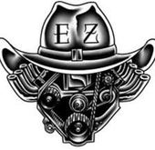 Cowboy hat with "EZ" on it over an engine, black and white illustration.