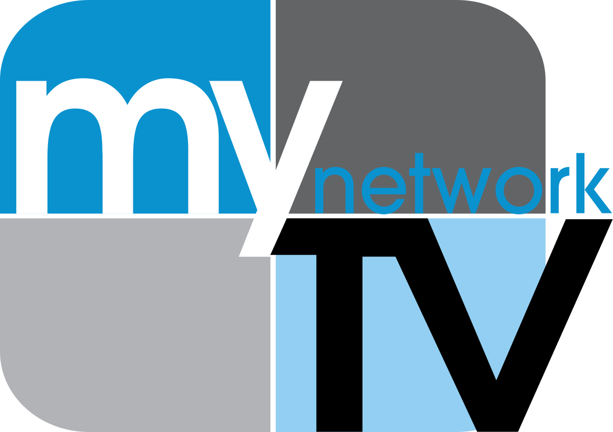 A blue and gray logo for my network tv