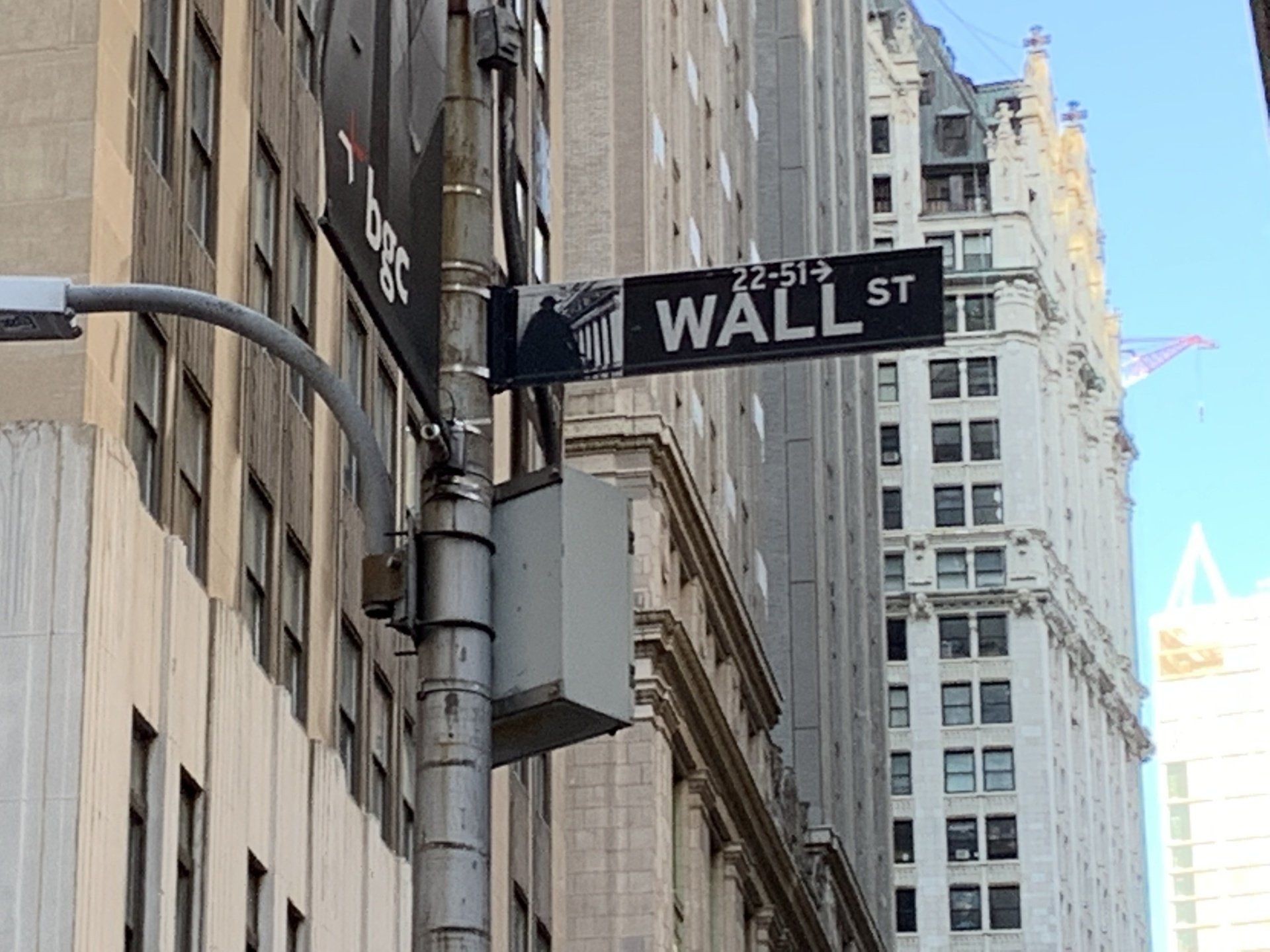 A street sign for wall street hangs from a pole