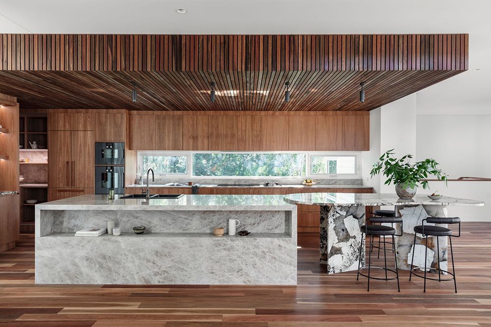 Modern Kitchen with Wooden Ceiling and Cabinetry
