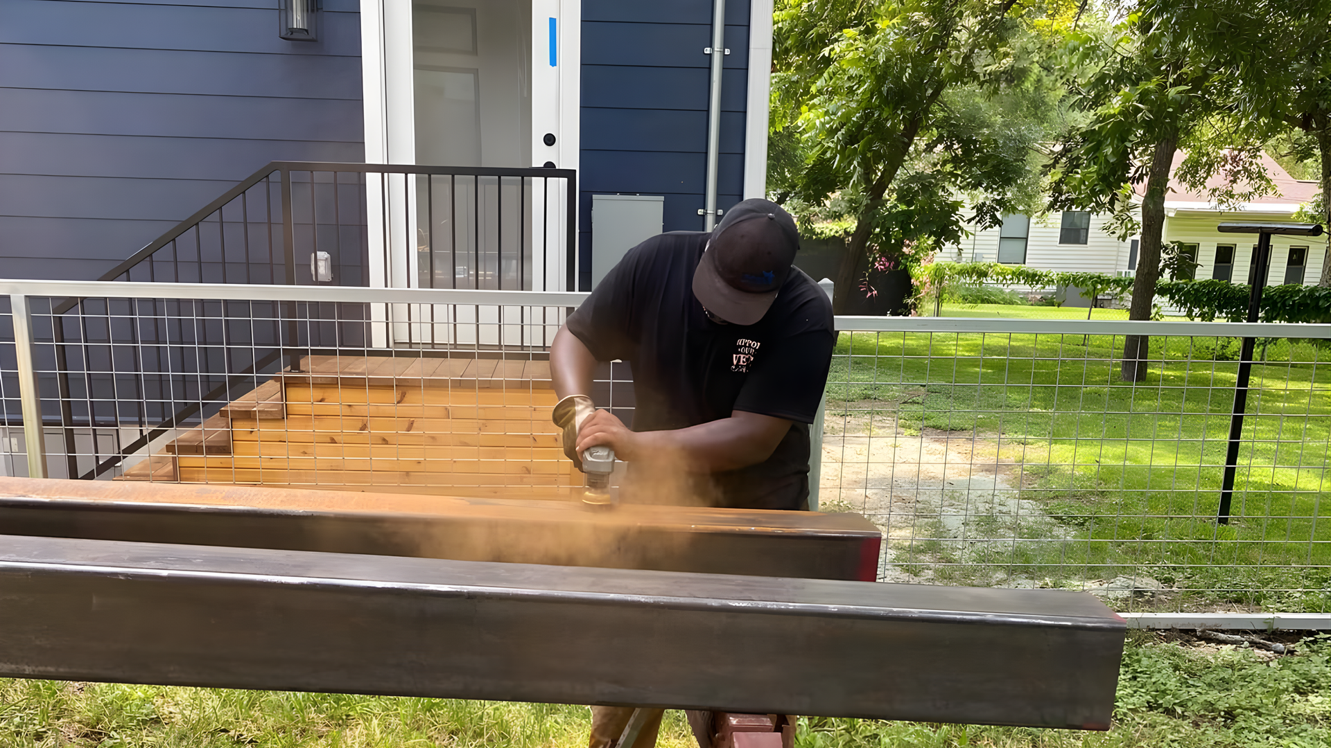 Person working on a wooden deck beside a house, using tools with boards laid across sawhorses.