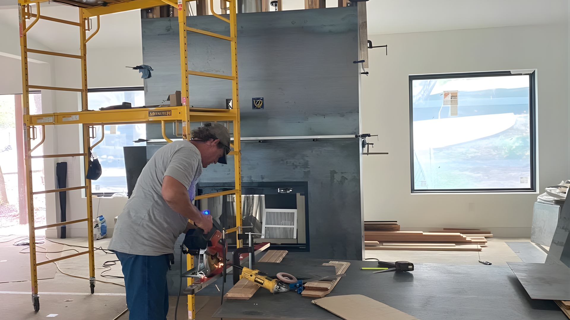 Worker using a power tool beside scaffolding in a room under construction, with a fireplace and window nearby
