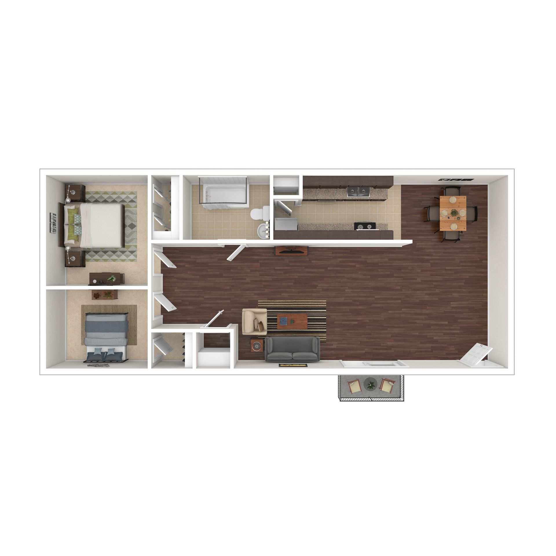 Floor plan of an apartment with two bedrooms, kitchen, bathroom, and living/dining area.
