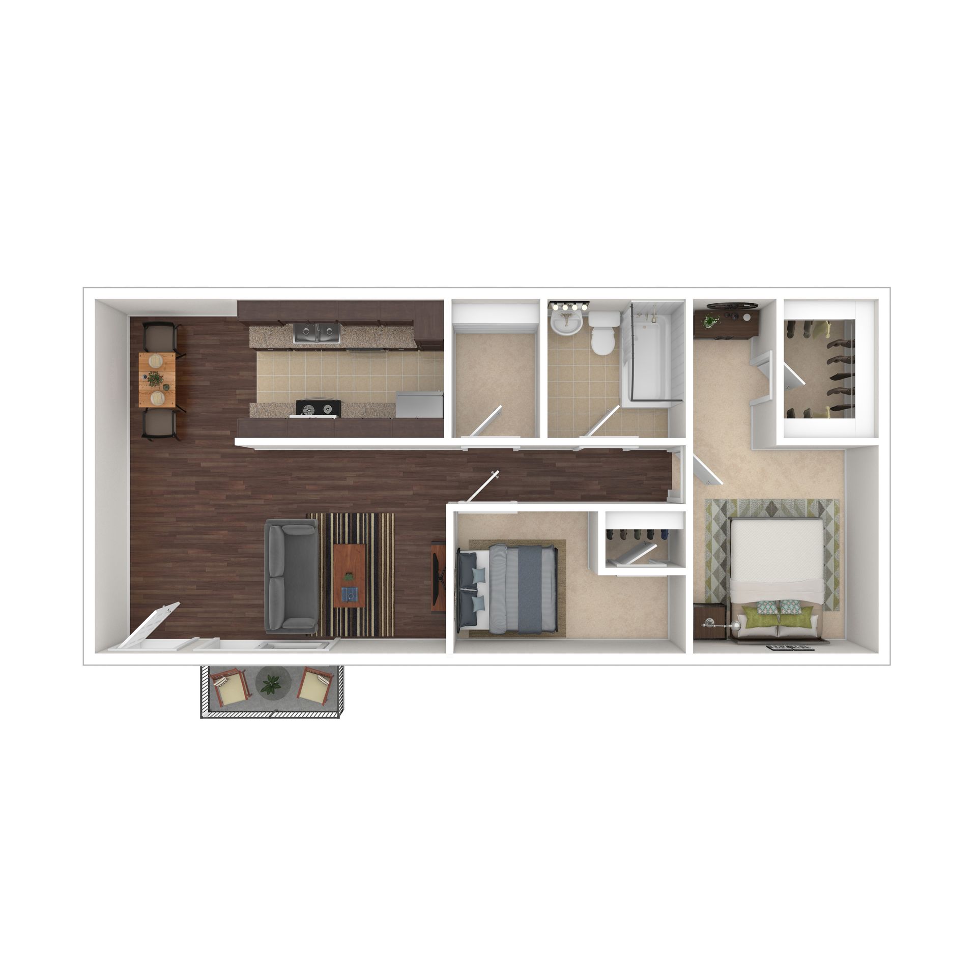 Floor plan of an apartment with two bedrooms, kitchen, living room, and a bathroom.