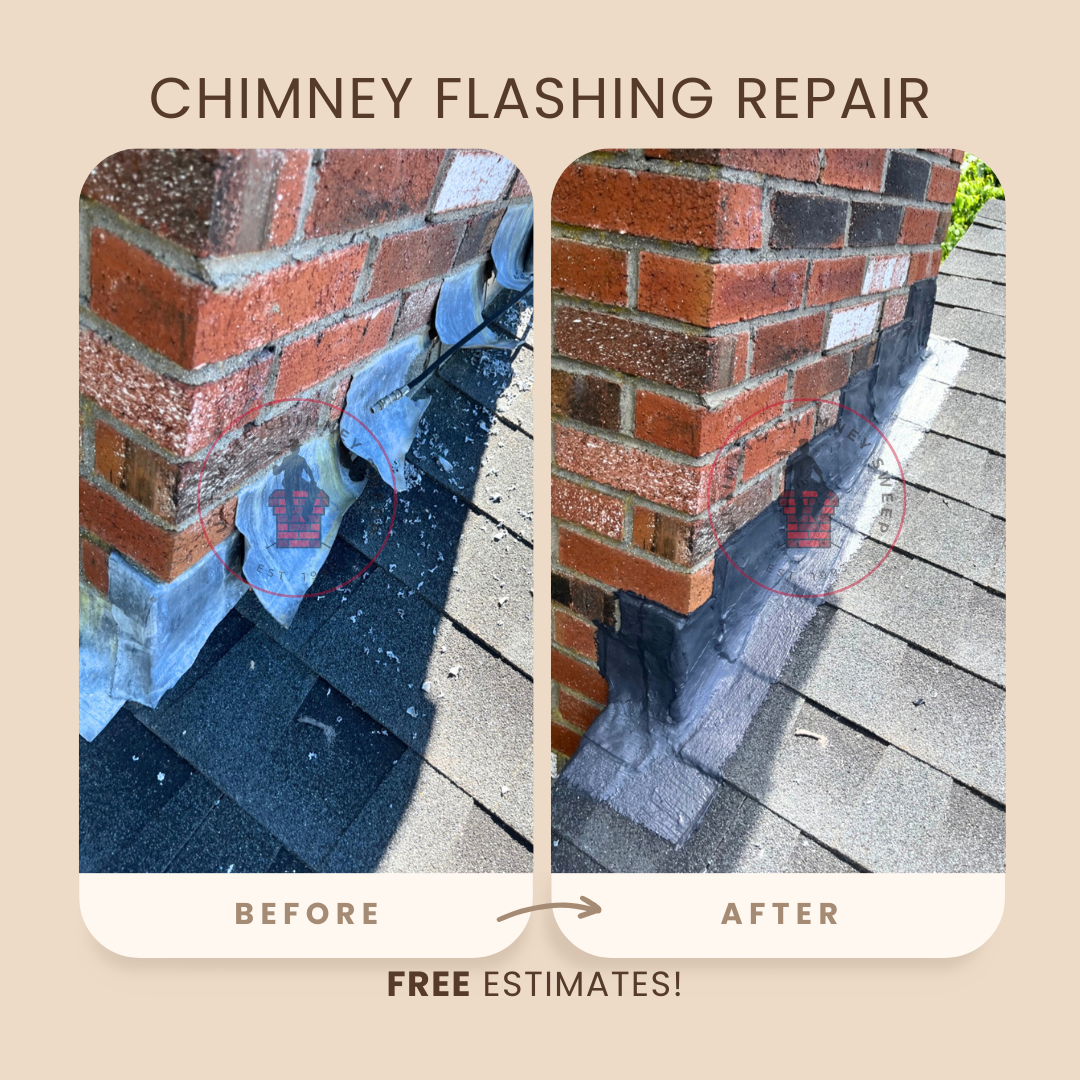 A man is standing on top of a roof cleaning a chimney.