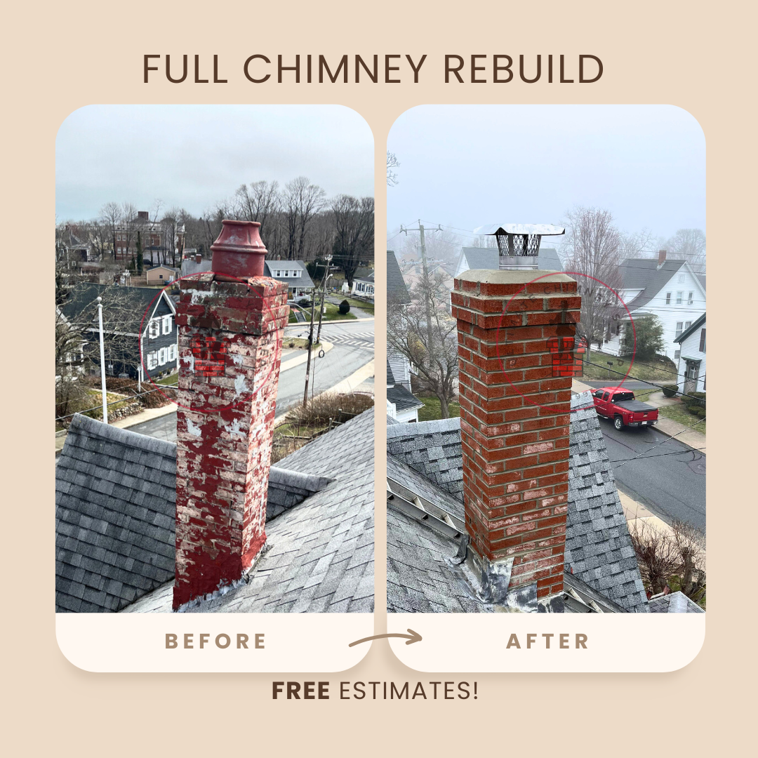 A man is standing on a tiled roof with a chimney in the background.