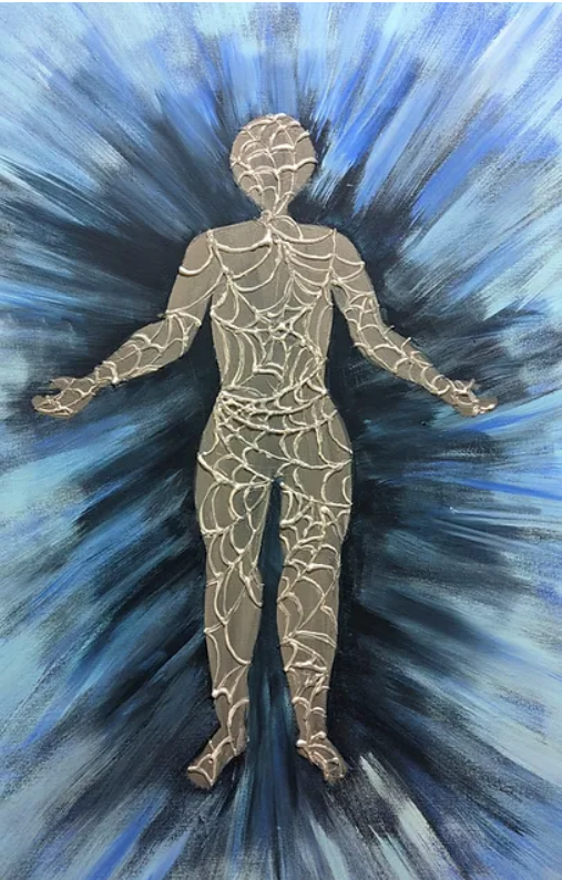 A painting of a person with their arms outstretched on a blue background.