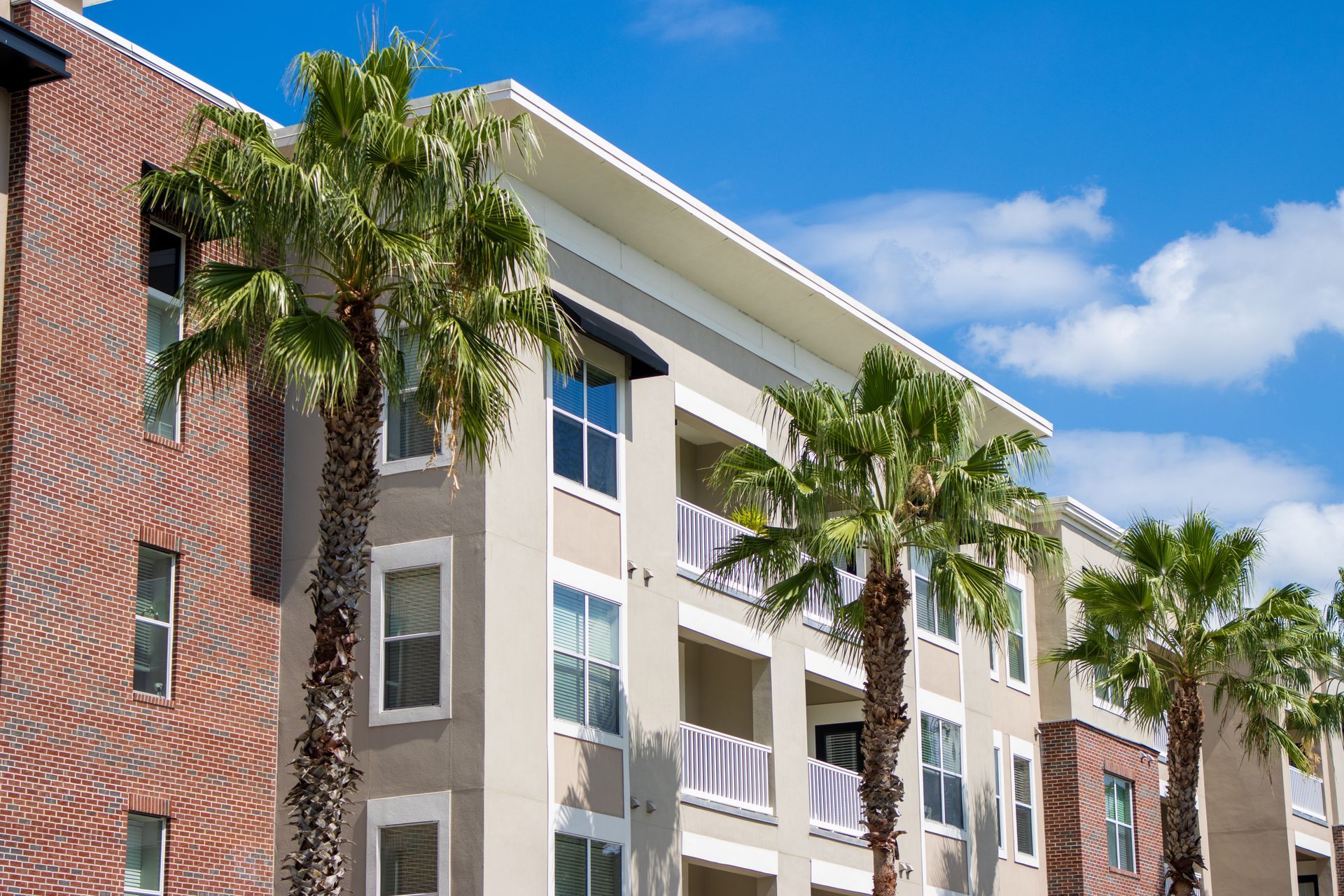 Apartment building with red brick and beige balconies, lined with palm trees under a blue sky