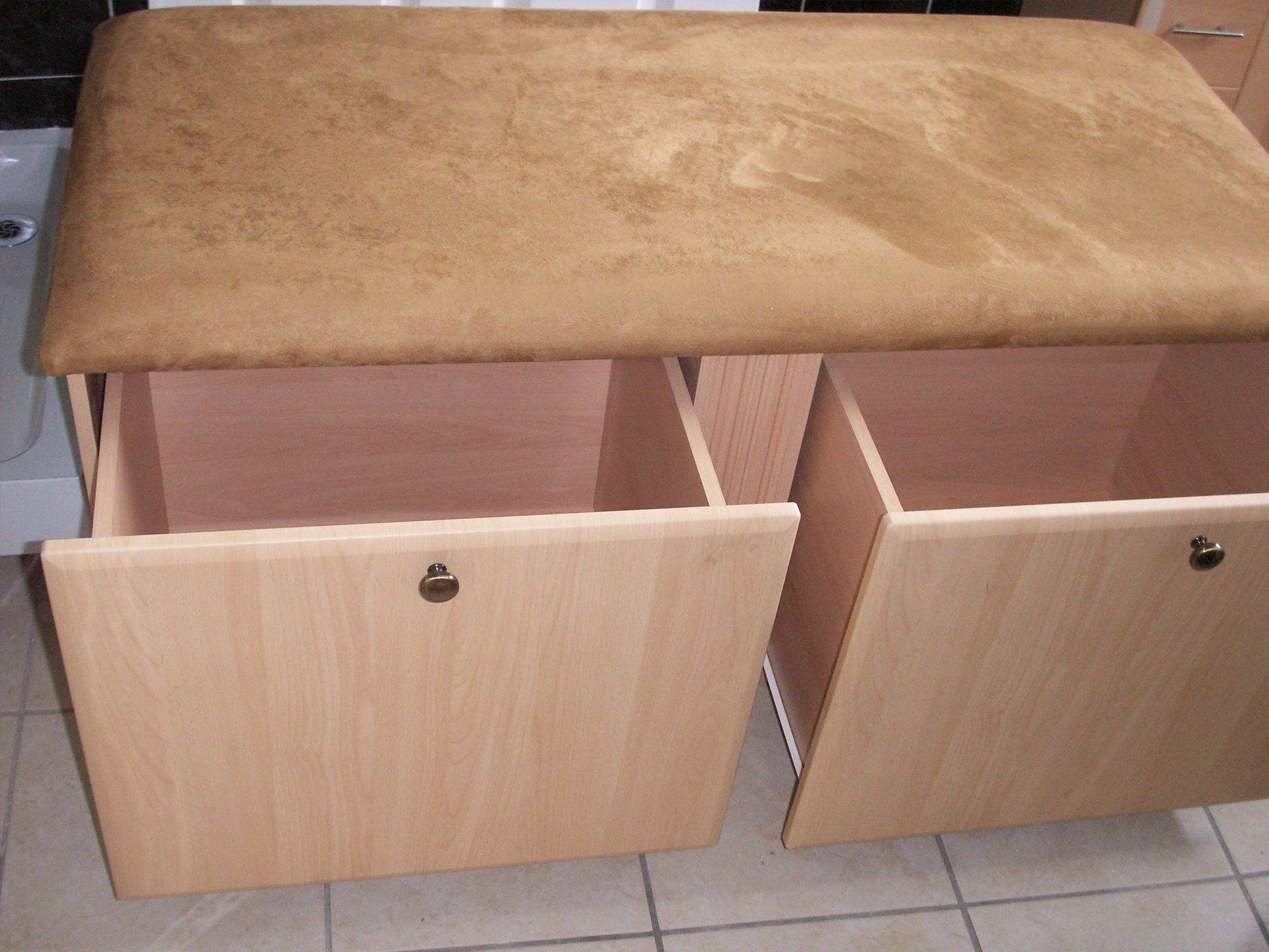 Duo linen bins with upholstered seat top