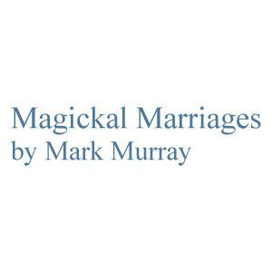 The logo for magickal marriages by mark murray is blue and white.